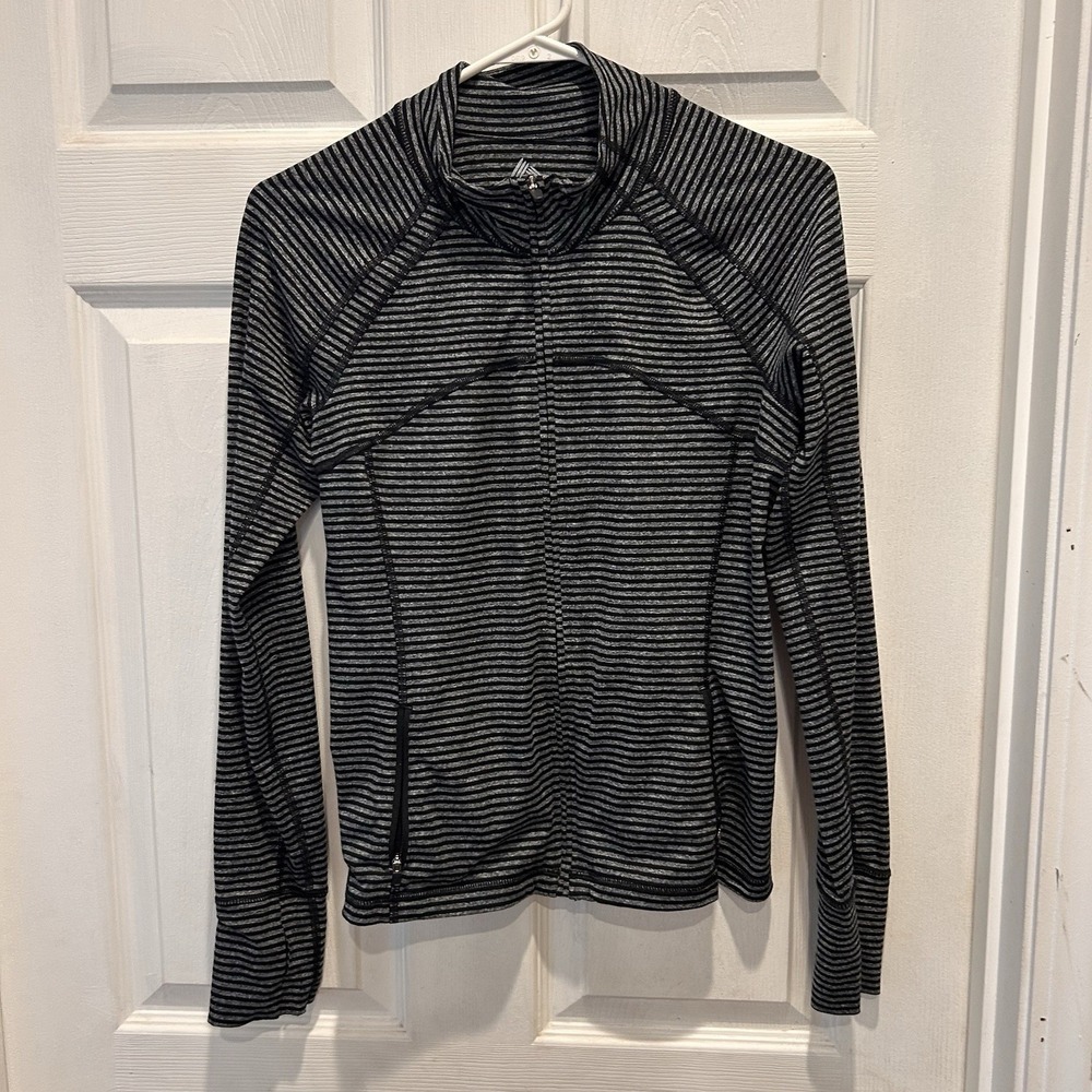 RBX Womens Black Gray Striped Full Zip Athletic Jacket Thumbholes S Activewear